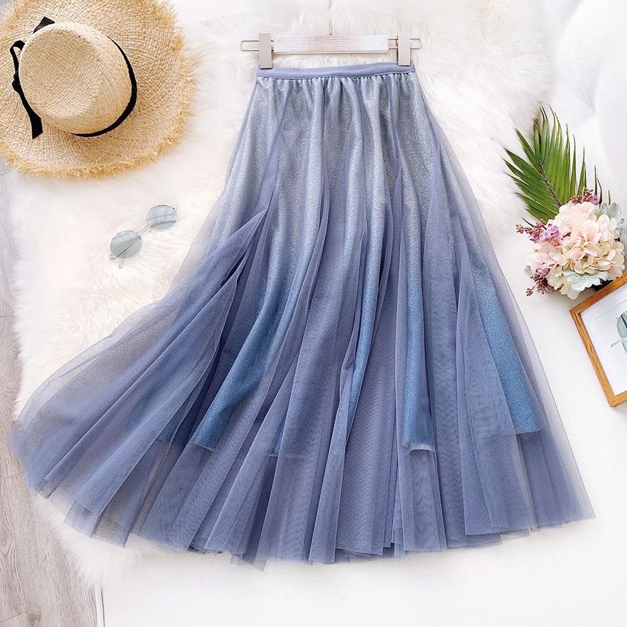 blue skirt SISHION New Arrival Long Women Skirt WF0049 High Waisted Tulle Gradient Color Black Khaki Green Blue Elegant Ladies Skirt black skirt