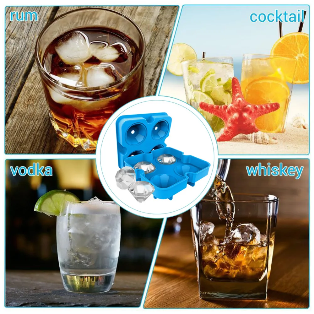 4 Holes Ice Mold Silicone Diamond Shaped Reusable Ice Cubes Maker Chocolate Mold Party Bar Tools