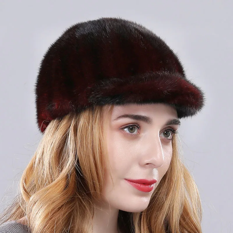 Новое поступление Женская норковая меховая шапка модная женская натуральная норковые шапки зимние повседневные меховые бейсболки - Цвет: wine