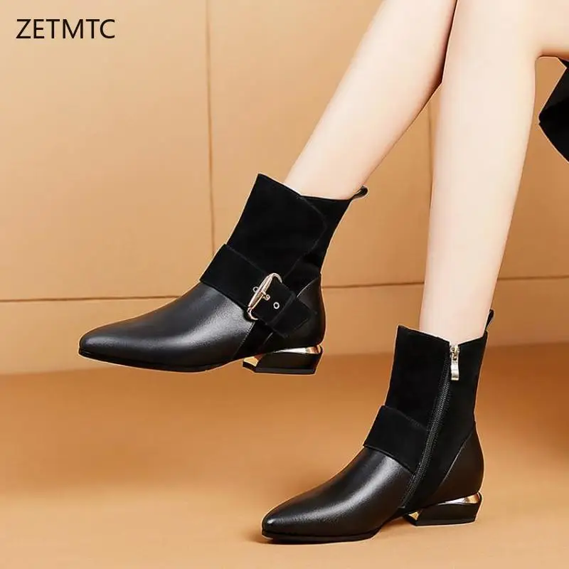 

winter boots women Genuine Leather Pointed Toe women shoes Ankle Square heel Buckle Chelsea Boots 2019 fashion new sock shoes