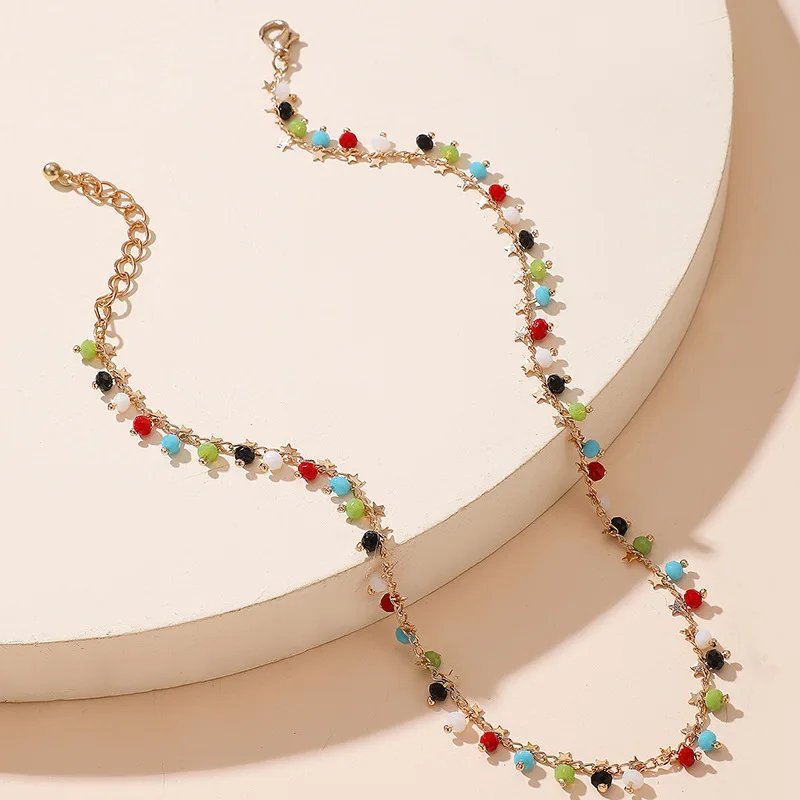 Simple Colorful Rice Bead Tassel Pendant Necklace Bohemian Short Chain Collar Five Pointed Star Choker Necklace For Womens Girls