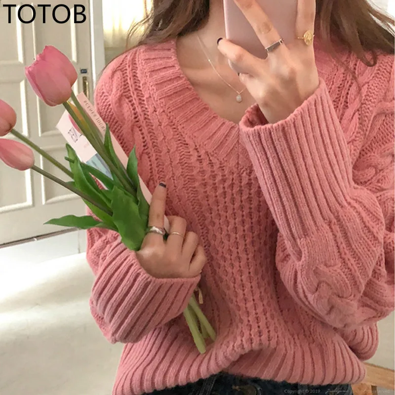 Женские вязаные пуловеры TOTOB однотонные Теплые повседневные свободные свитера в