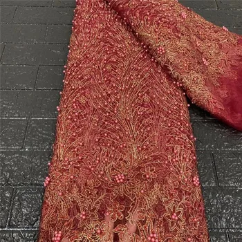 

2020 New Designs African Lace Fabric High Quality beads Lace Material French Embroidered Tulle Lace Fabric With Sequins red
