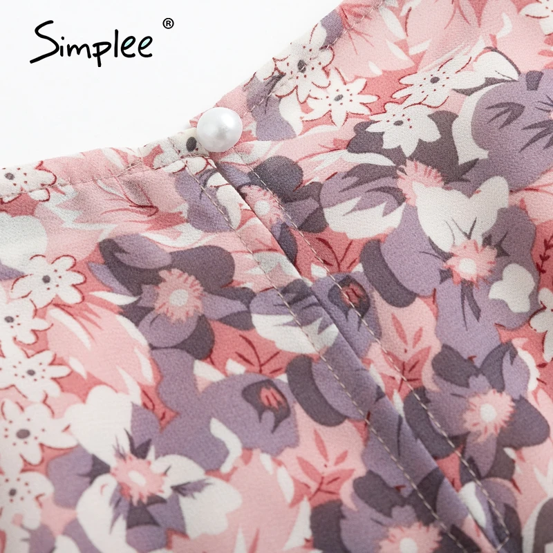 Simplee women floral print dress Elegant puff sleeve a-line chiffon sash dress High waist work wear office lady pink dress 2020