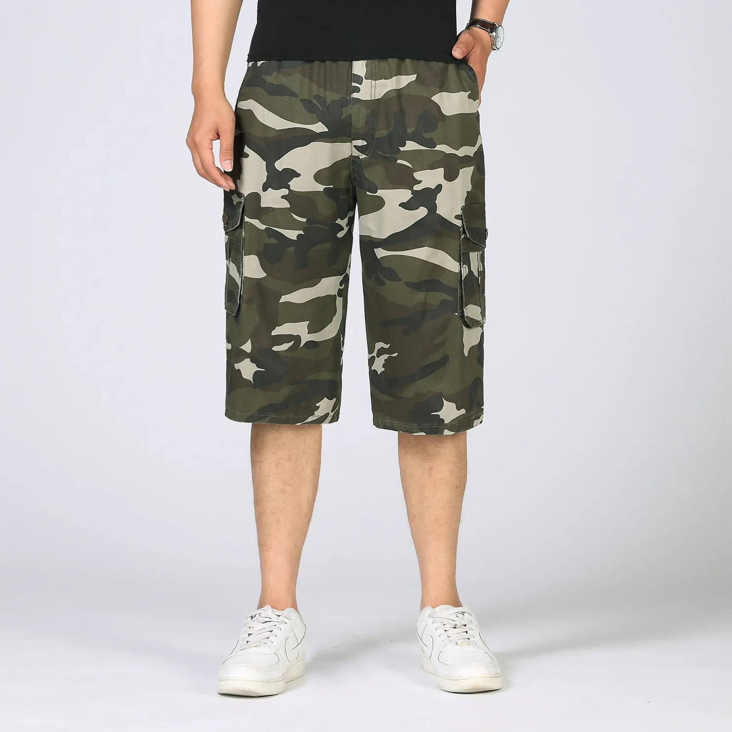 

Summer Men Camouflage Capri Pants Casual Large Size Loose Bib Overall Youth Summer Men's Breeches Thin Straight-leg Pants Fashio