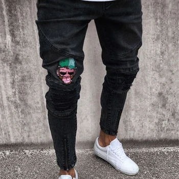 

Fashion Men Casual Slim pants 2019 man brand embroidery jeans Straight High Stretch Feet skinny jeans men's black trousers homme