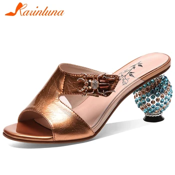 

KARINLUNA Summer Elegant Dress Mules Decorating Genuine Leather Women Mules Fashion Brand High Strange Heels Women Shoes