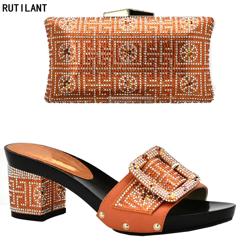 

Orange Color Italian Matching Shoe and Bag Set for Wedding Matching Shoes and Bag Set Decorated with Rhinestone Party Shoes Bag