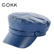 COKK Hat Women Vintage Bonnet Pu Leather Military Hats Female Womens Fashion Hat Ladies Hat Beret Caps Black Flat Cap Solid