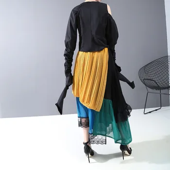 

Women Spring 2020 Temperament Pleated Skirt Chiffon Split Half Body Casual High Elastic Waist Lace Patchwork Skirt Big Size