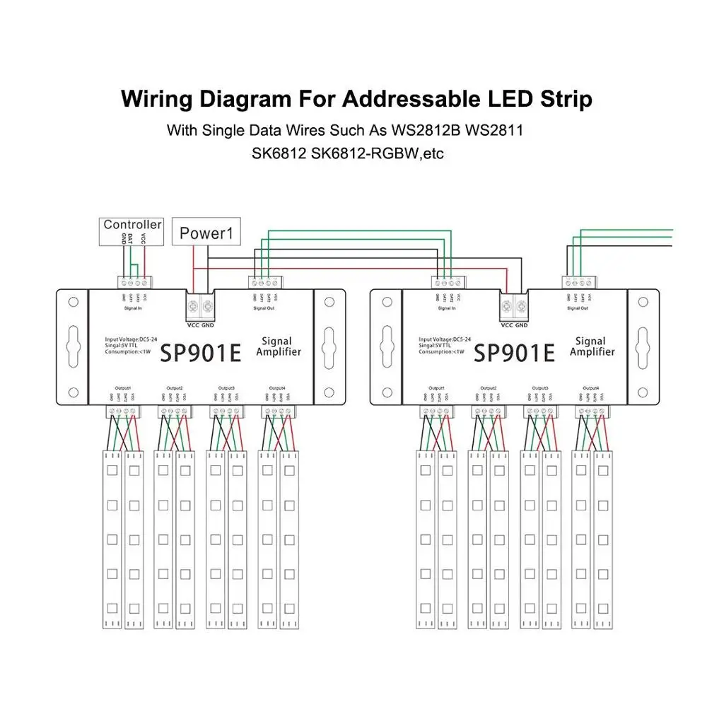 SP901E SPI усилитель сигнала для WS2812B WS2811 WS2813 пикселей RGB Светодиодные полосы ретранслятор сигнала адресуемый сон цветная лента DC5-24V
