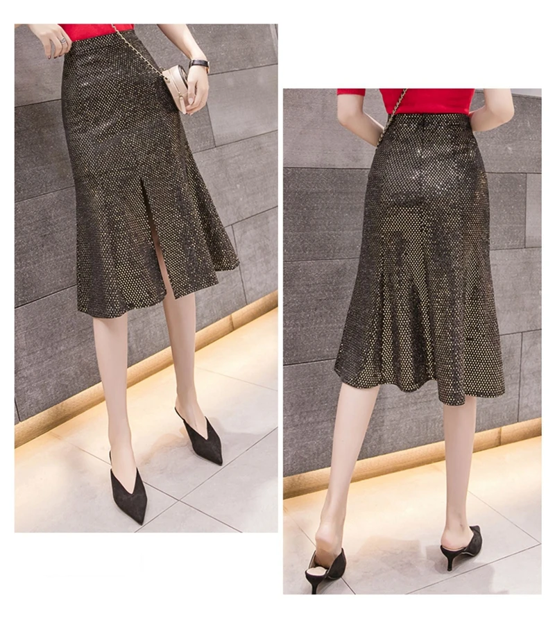 RICININA Womens Skirt Female Autumn Split Sequin Casual Elegant Mermaid Skirt Women High Waist Office Jupe Femme Plus Size