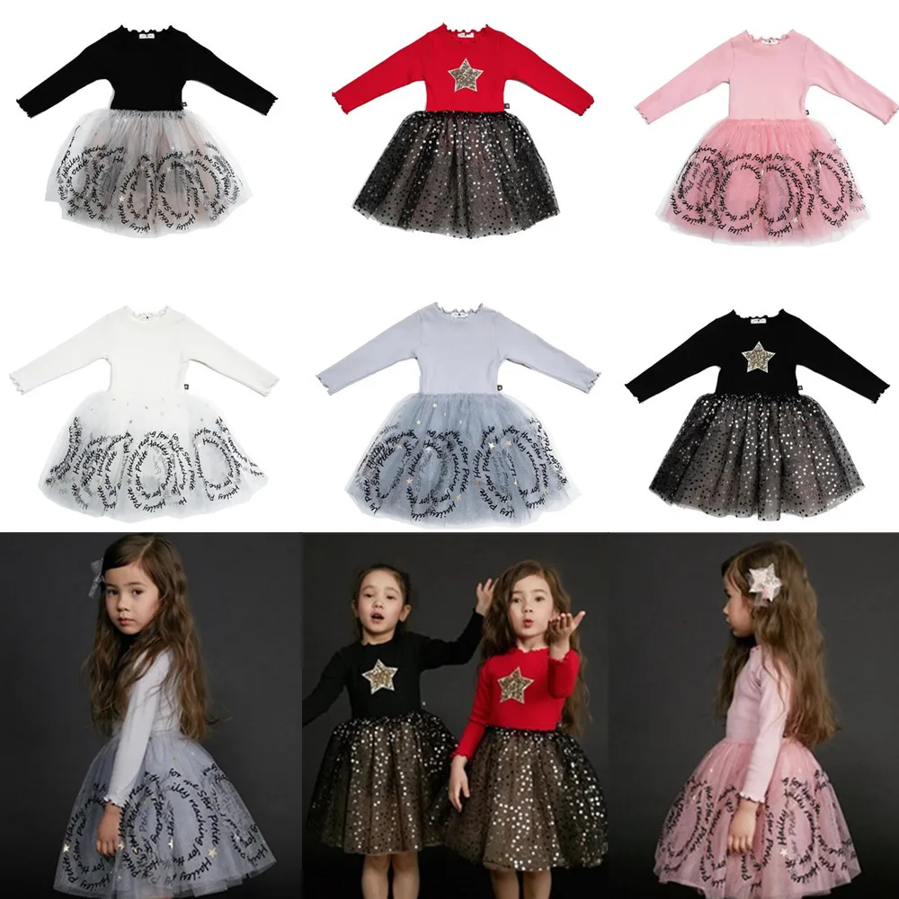 Платья для девочек; осень г.; Мягкий Топ; платье для малышей с вышивкой в виде звезд; платья-пачки принцессы с длинными рукавами; одежда для малышей