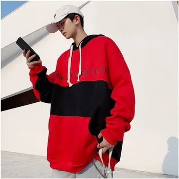 

2019 Autumn And Winter New Hong Style Large Size Printing Stitching Plus Velvet Hooded Sweatshirt Explosion Jacket S-5XL