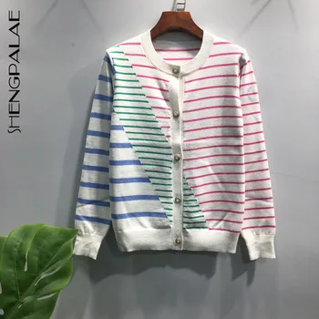 

SHENGPALAE 2020 Autumn And Spring Women's Sweater Round Neck Long Sleeve Single Breasted Irregular Stripe Knit Cardigan ZT1456