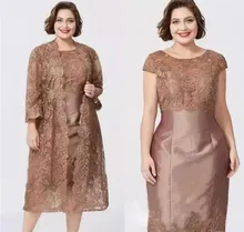 Plus Size Coffee Lace Mother of the Bride Dresses Knee Length Satin Two Pieces with Jacket Formal Groom Mum Wedding Guest Dress