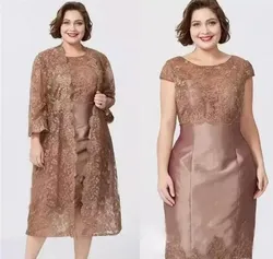 Plus Size Coffee Lace Mother of the Bride Dresses Knee Length Satin Two Pieces with Jacket Formal Groom Mum Wedding Guest Dress