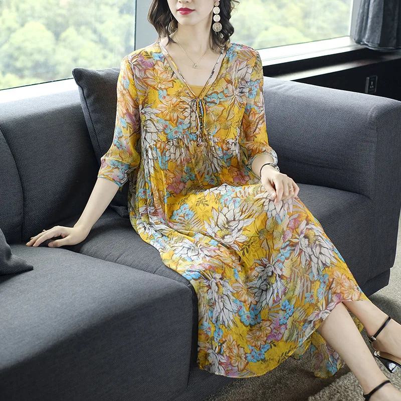 

Faux Silk Dress Mulberry Silk Europe And America 2019 Summer New Style WOMEN'S Dress V-neck Printed Small Floral Elegant Two-Pie