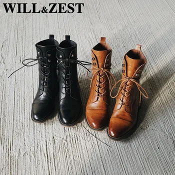 

Will&Zest Dr Martins Woman Short Boots Punk Genuine Leather Shoes Gothic Cowboy Women Western Martins Black Heels Winter Booties