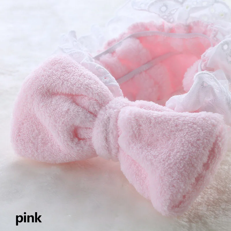 Женская повязка для макияжа из кораллового флиса, эластичная повязка для волос для мытья лица, милый кружевной обруч для волос, повязка на голову, аксессуары для волос для девочек, головной убор - Цвет: Розовый