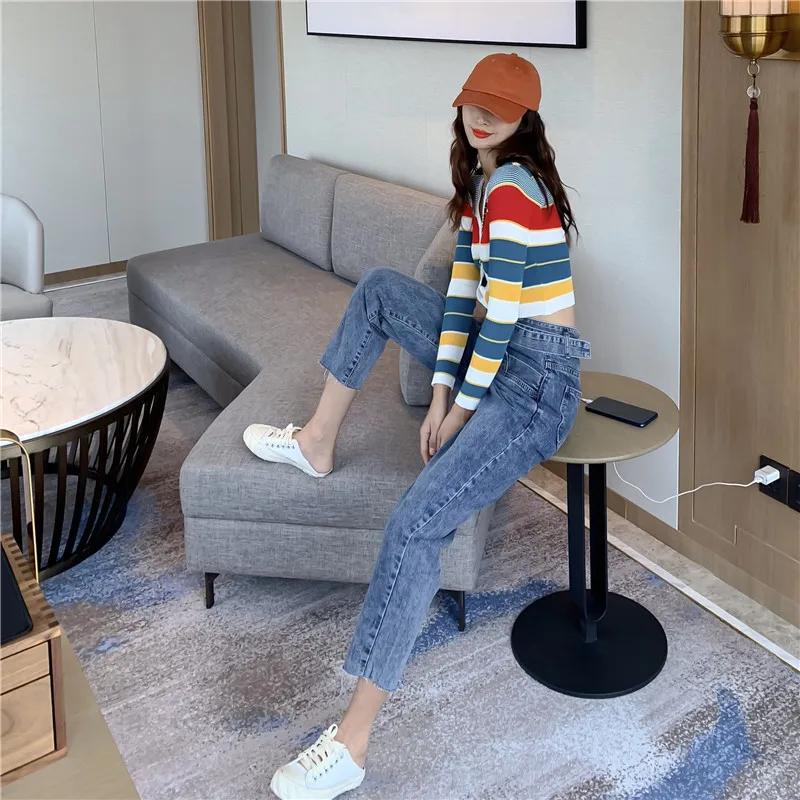 

Early Autumn Hong Kong Flavor Retro High-waisted Straight-Cut Jeans Slim Fit Versatile Stripes Sweater WOMEN'S Suit 2019 New Sty