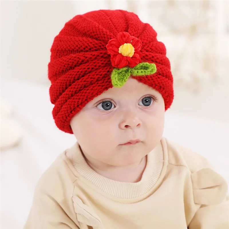 Knitted Winter Baby Hat for Girls Candy Color Bonnet Infant Beanie Turban Hat 