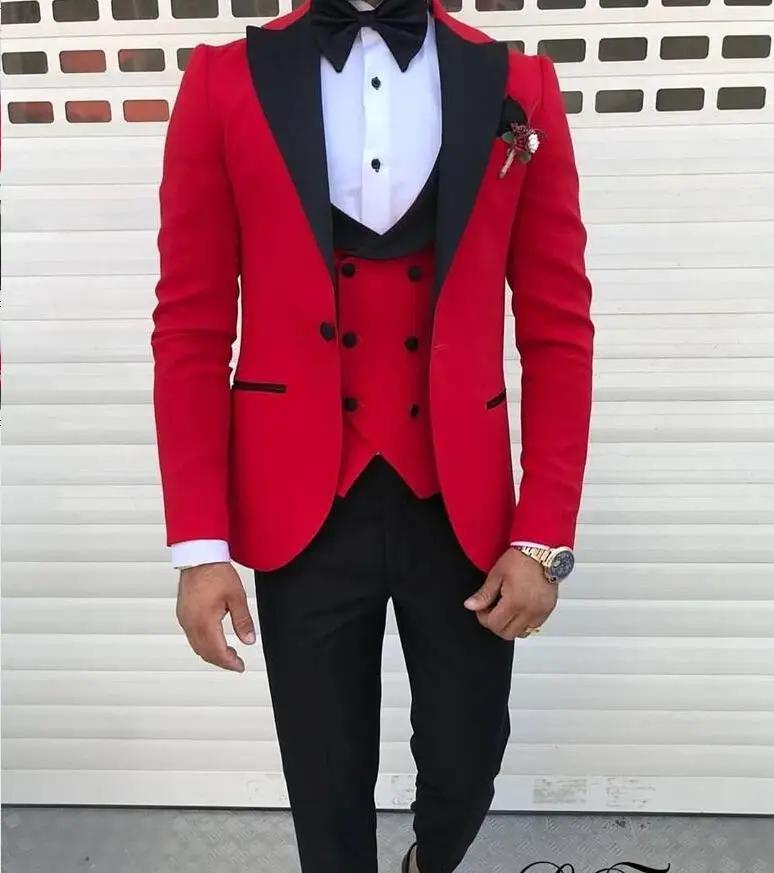 Latest Coat Pant Designs Red Casual Men Suit With Pant Slim Fit 3 Piece