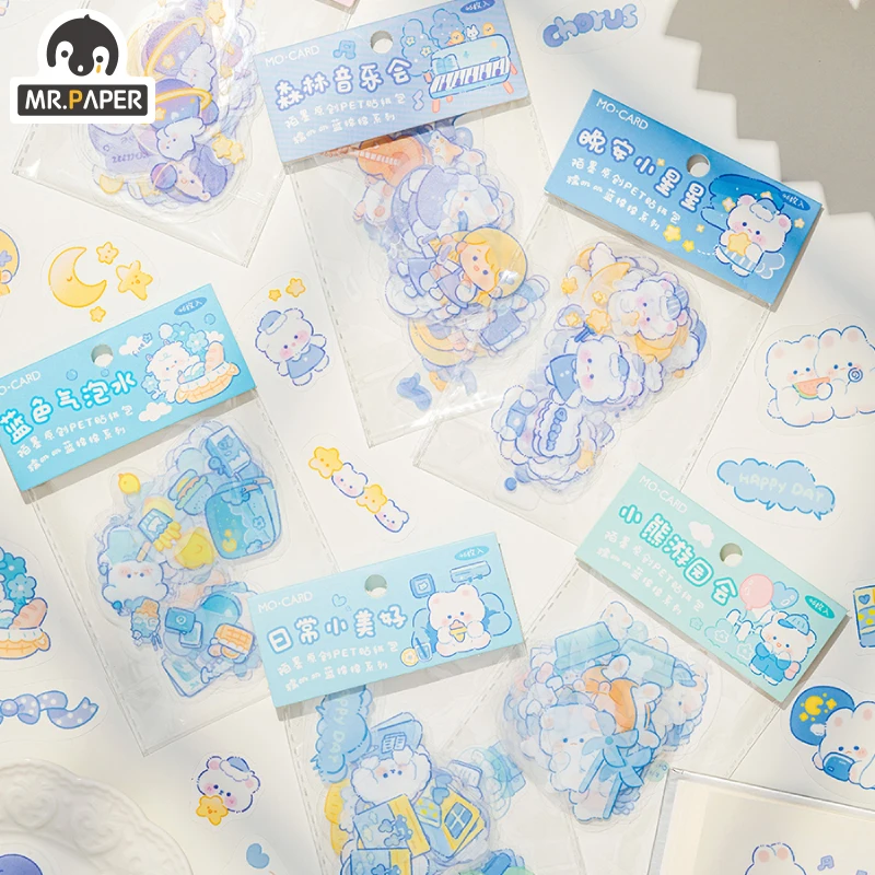 Mr.paper 6 Designs 46 Pcs/bag Ins Style Blue Mianmian Series Creative Handbook DIY Decoration Material Hot Silver Sticker | Канцтовары