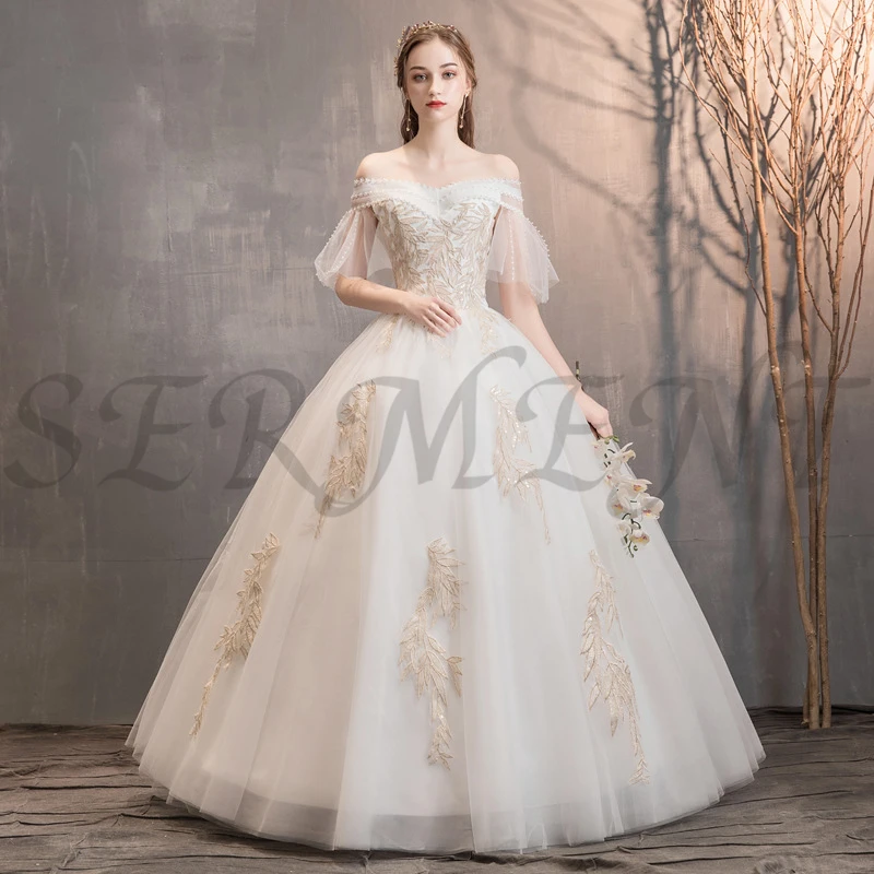 

Simple Wedding Dress 2019 New Bride Word Shoulders Luxury Wedding Forest Starry Slimming Short Off The Shoulder Floor-Length