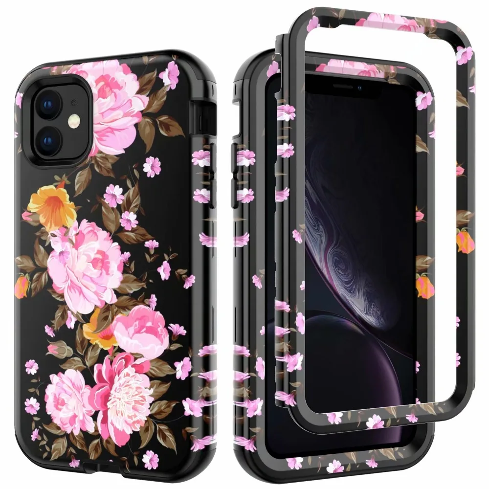 360 Full Hybrid Armor Phone Case For iPhone 11 Pro MAX 12 13 Coque Flower Pattern Cover Marble PC Silicon Bumper Shockproof Case iphone 11 Pro Max  lifeproof case