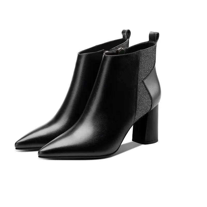 ZVQ/зимние кожаные ботинки; модная офисная женская свадебная обувь; цвет бежевый, черный; Ботильоны на каблуке 7,5 см с острым носком; Прямая - Цвет: black