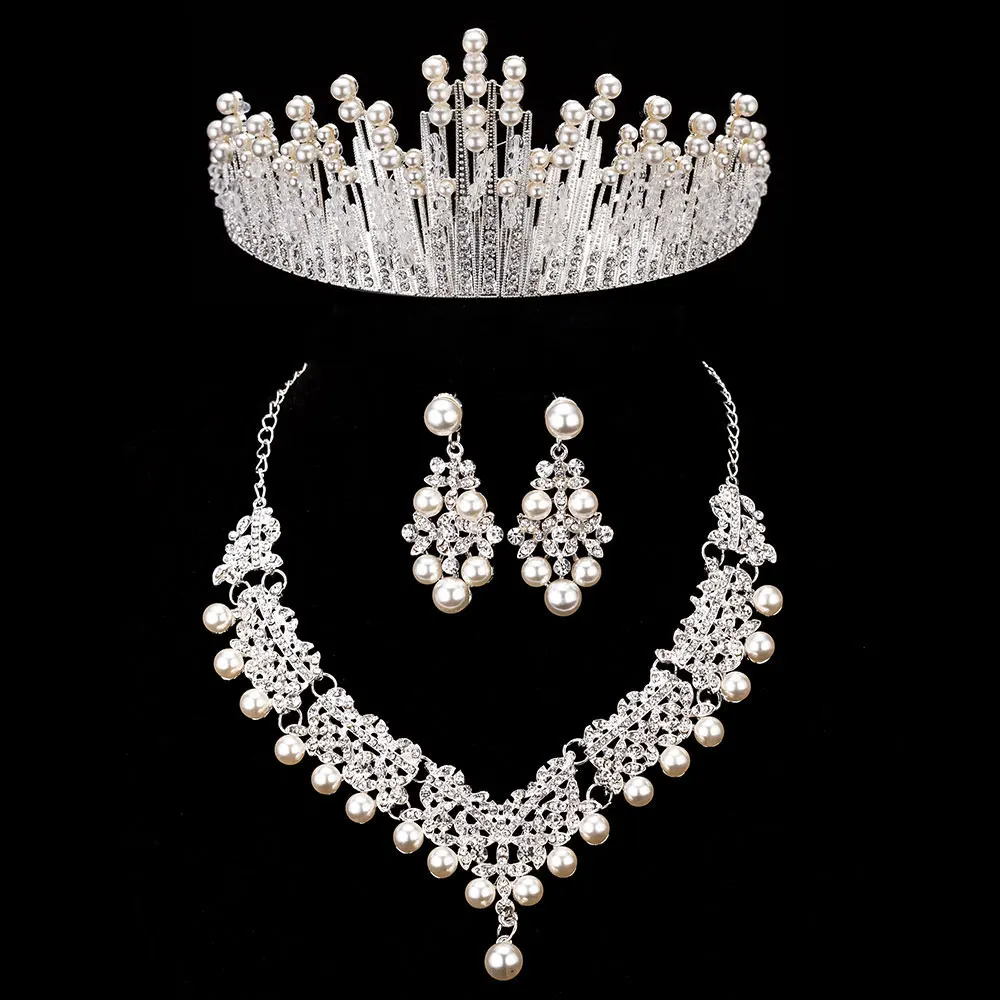Набор украшений для невесты с кристаллами и жемчугом, дизайн, стразы, колье, ожерелье, серьги, тиара, свадебный женский ювелирный набор - Окраска металла: 3PCS Set Pearl 3