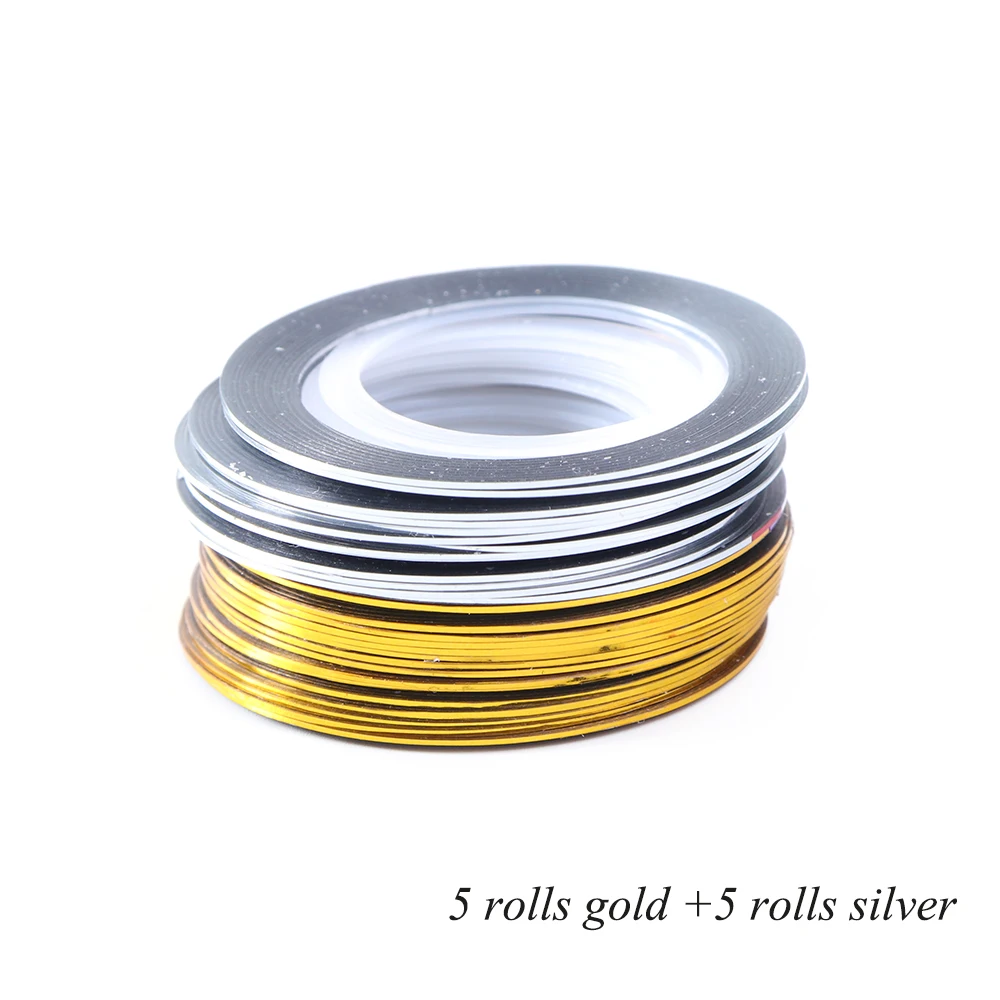 5pc Silver 5pc Gold 0,5 мм лазерные серебристые золотые полоски для ногтей, клейкая лента, 3D наклейки, набор для украшения ногтей, блестящие полоски, полировальные наконечники SA1009 - Цвет: 5pc Silver 5pc Gold