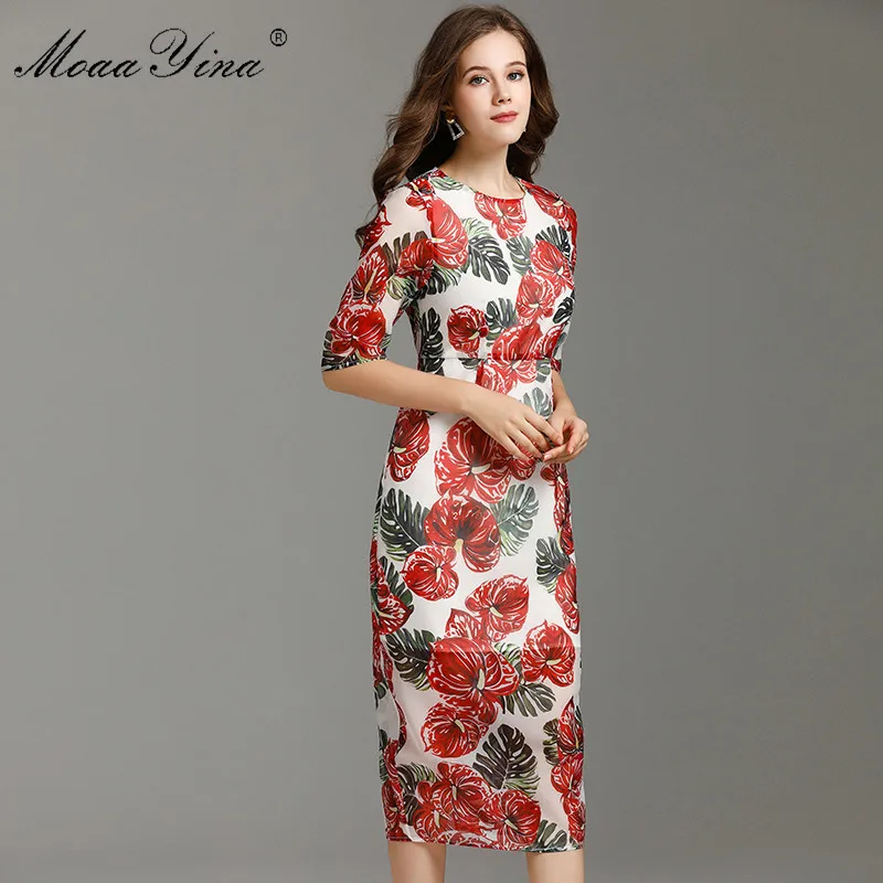 MoaaYina, модное дизайнерское платье, весна-лето, женское платье, рукав до локтя, цветочный принт, тонкие платья