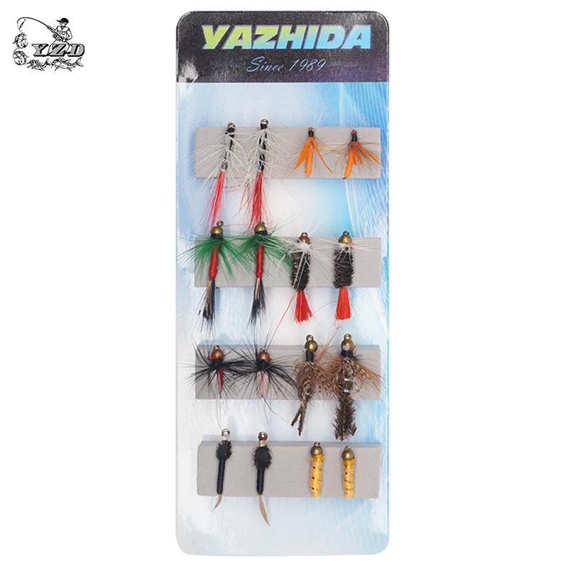 

Fly Fishing Lure Pike Trout Nymph Feather Hooks Flies Artificial Bait 16Pcs Dry Wet Fishing Lures Insect bait