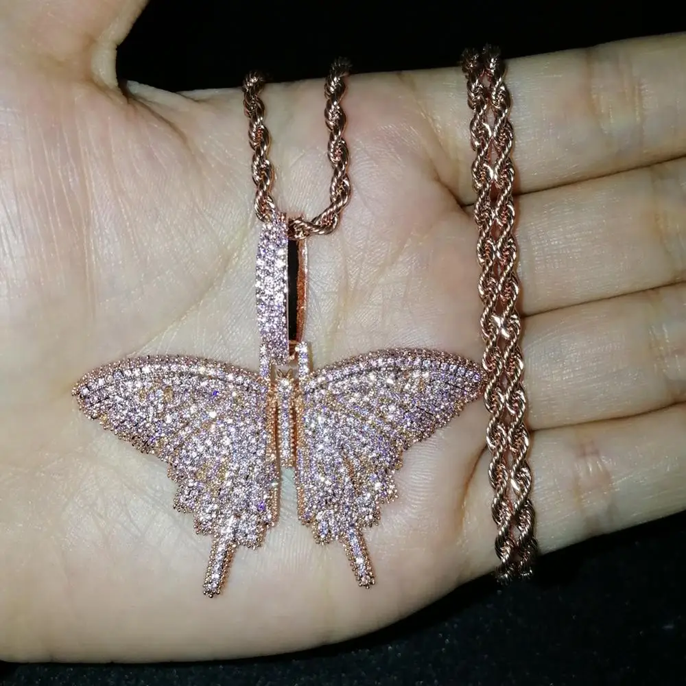 Розовый AAA+ кубический цирконий проложили Bling Ice Out розовое золото бабочка подвески ожерелья для мужчин женщин хип хоп рэппер ювелирные изделия