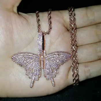 

AAA+ Pink Cubic Zirconia Paved Bling Ice Out Rose Gold Butterfly Pendants Necklaces for Men Women Hip Hop Rapper Jewelry