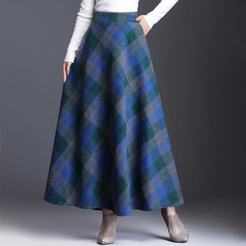 Осенне-зимняя женская клетчатая юбка, шерстяная длинная юбка, большие качели, половина длины, британский стиль, женские шерстяные юбки