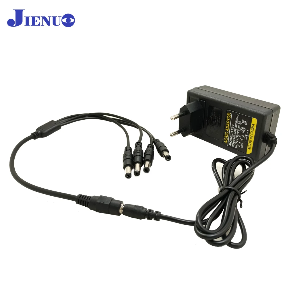 JIENUO Power Adapter DC 12V 2A EU/US Plug AC/DC Supply 4 Split Cable for CCTV Camera DVR NVR IP AHD TVI CVI Analog | Безопасность и