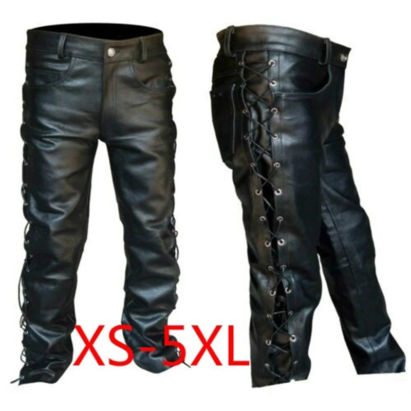 Men Trousers Leather Pants Lace Up Leather Pants Motorcycle Punk Costume For Men Winter Big Tall