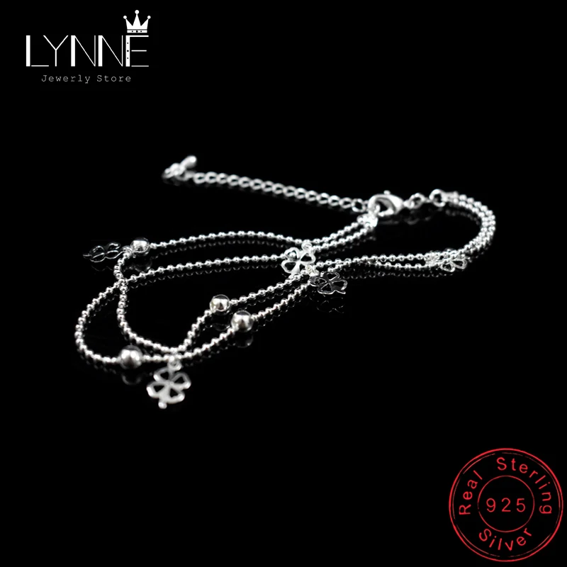 Newest Fashion 925 Sterling Silver Double Layer Small Ball Chain Anklet Lucky Clover Pendant Anklets Bracelet For Women Jewelry