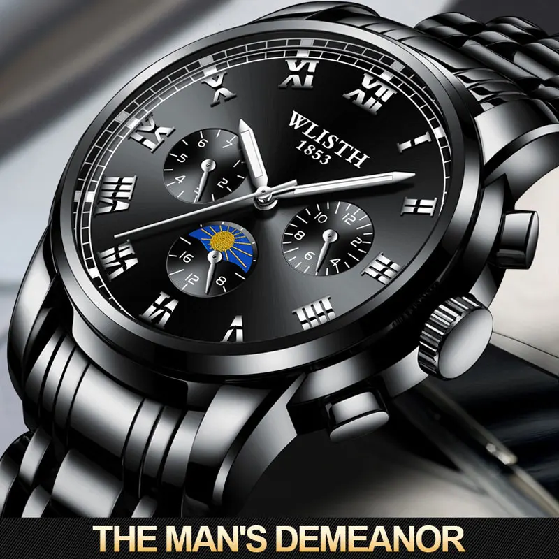 

41mm Black Watch Male Quartz Watch Men's Relogio Masculino Waterproof Sports Clock Stainless Steel Luminous Pointer Reloj Hombre