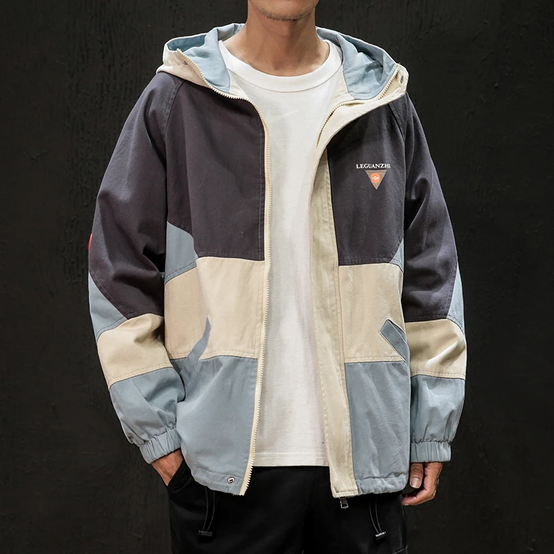 

UYUK2019 Autumn New Japanese Tooling Stitching Contrast Color Hood Big Pocket Large Size Men's Jacket Streetwear Hip Hop