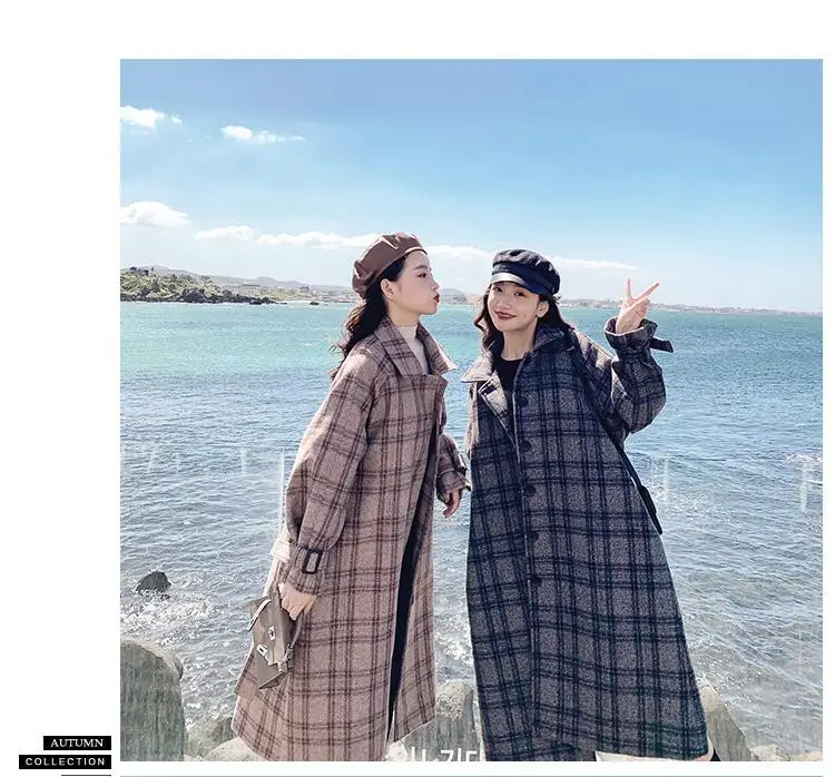 Шерстяное пальто в клетку для фотосессии, женское, средней длины, зима, стиль, корейский стиль, свободный крой, талия, на шнуровке, шерстяное