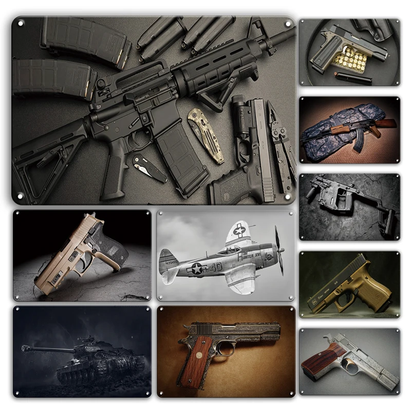 Military Weapon Tin Poster Vintage Gun Metal Sign Man Cave Room Decor Plaque Personalized Metal Poster Stickers Home Wall Decor