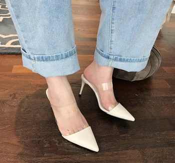 

Star*Sexy transparent color blocking high heels and half slippers trend spring 2020 new style pointy thin heels