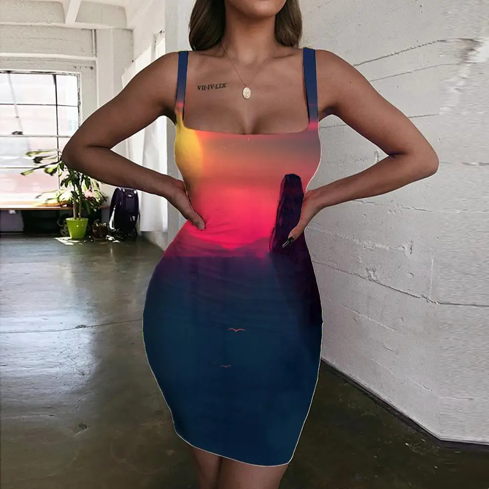 

KYKU Sun Dresses Women Mountain Sundress Funny Ladies Dresses Harajuku 3d Print Womens Clothing Summer Short Boho Fashion
