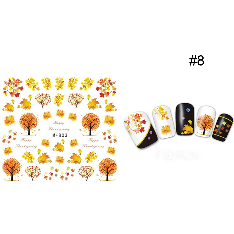 1 лист наклейки для ногтей цветы кленовые листья Тыква смешанные узоры переводные наклейки для воды DIY Дизайн украшения для ногтей - Цвет: 8