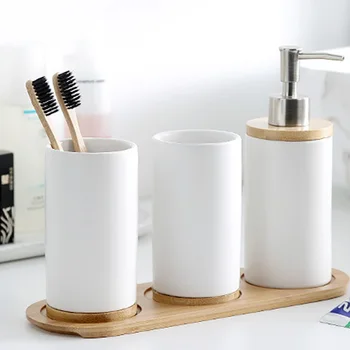 

G Ceramic bottling Bathroom Tumblers set Sub-bottle Cup Bamboo Base Water Cups Bathroom Mouthwash Glass Set