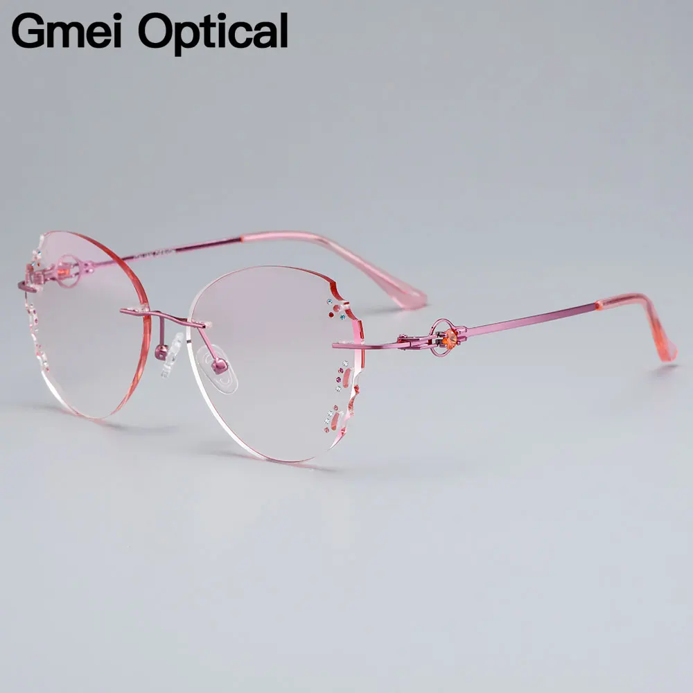 

Gmei Optical Ultra-light Alloy Women Pink Rimless Glasses Frame Z2878 With Diamond Trimming Cut Gradient Tinted Plano Lenses